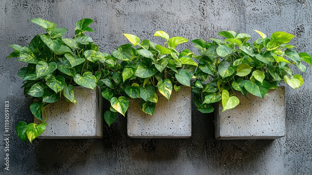 Elegant wall planters with trailing pothos raised garden bed decor urban garden indoor environment modern concept