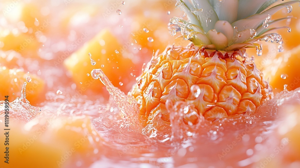 Fresh pineapple splashing into juice. Fresh pineapple splashing into juice.
