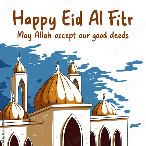 Happy eid al fitr vector square banner poster with mosque painting