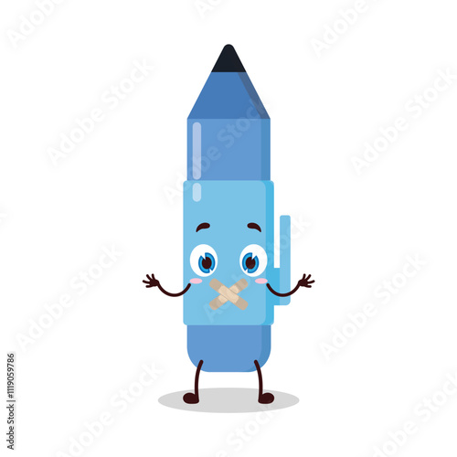 cute shut up expression of blue pen cartoon character mouth closed with plaster