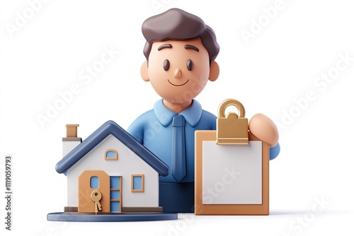 Wallpaper Mural A 3D icon of a realtor portrait with a house, key, and clipboard, in a blue and brown theme on a white background Torontodigital.ca