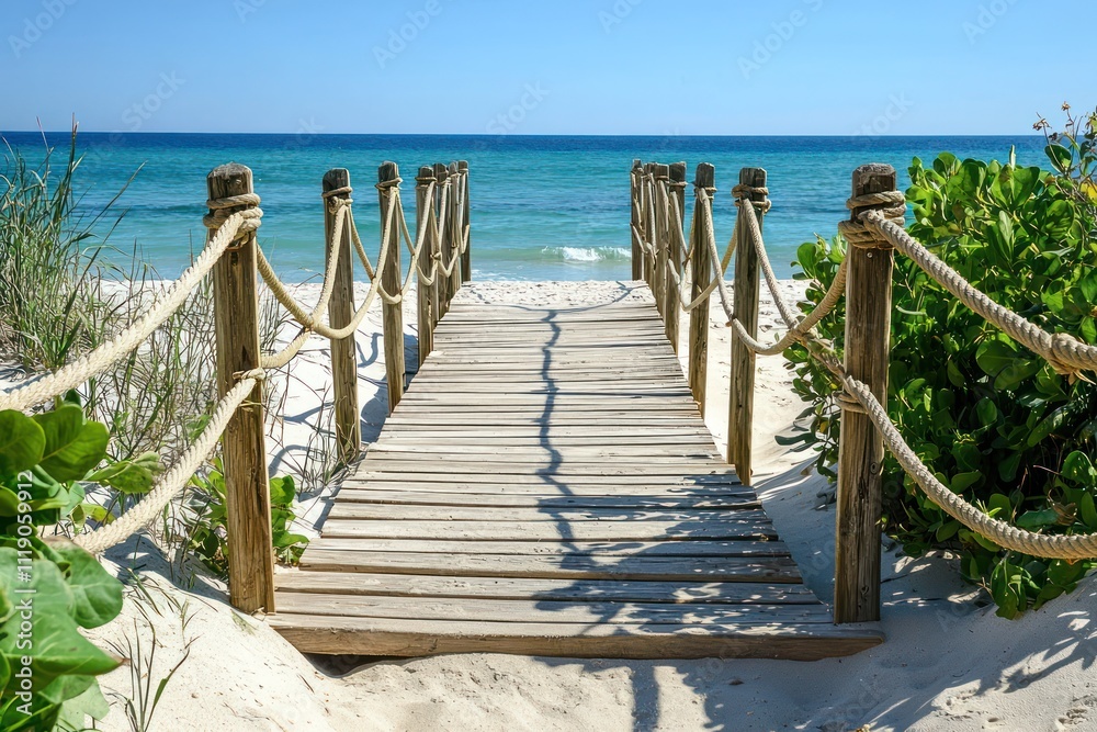 Obraz premium A wooden footbridge with rope railings, crossing over a sandy beach and leading to the ocean