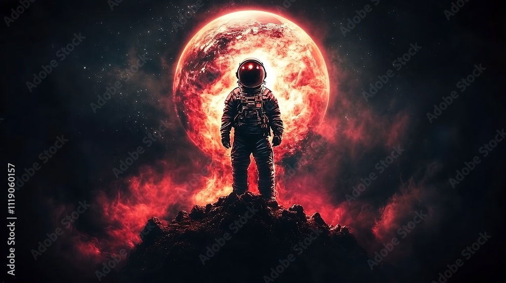 Astronaut Standing on a Rocky Outcrop with a Burning Planet in the Background Astronaut Standing on a Rocky Outcrop with a Burning Planet in the Background