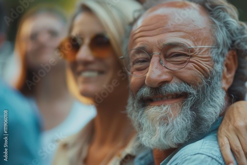 Portrait of a senior man with his friends in the background.