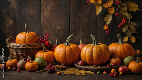 Festive Autumn Pumpkin and fruit backdrop of happy thanksgiving day. copy space for text
