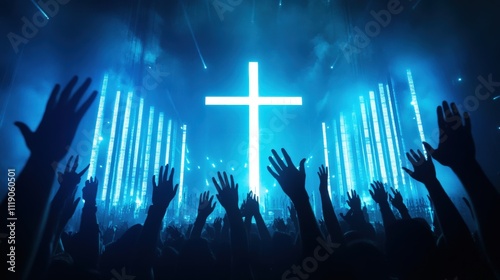 people silhouette with raised hands at christian concert worship God and Jesus Christ, on blue background. Christian concept1 photo