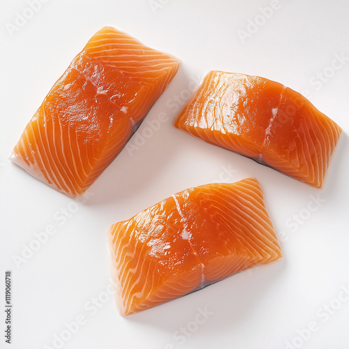 slices of fresh salmon on a clean white background, ideal for cooking or food-related designs.
 photo