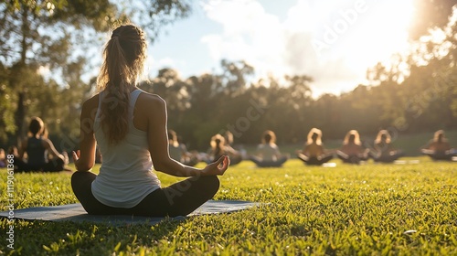 Woman meditating outdoors in a group yoga class at sunset. (1)