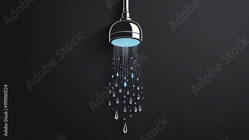 Stylish shower head design with blue water droplets illuminated against a dark background