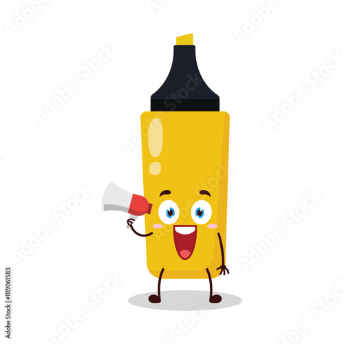 cute happy expression of yellow highlighter cartoon character carry megaphone