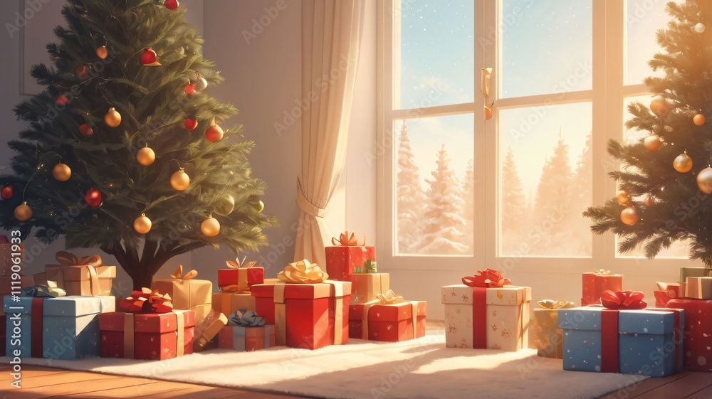 Obraz premium Christmas atmosphere with decorated trees and gifts in a cozy room during winter sunlight