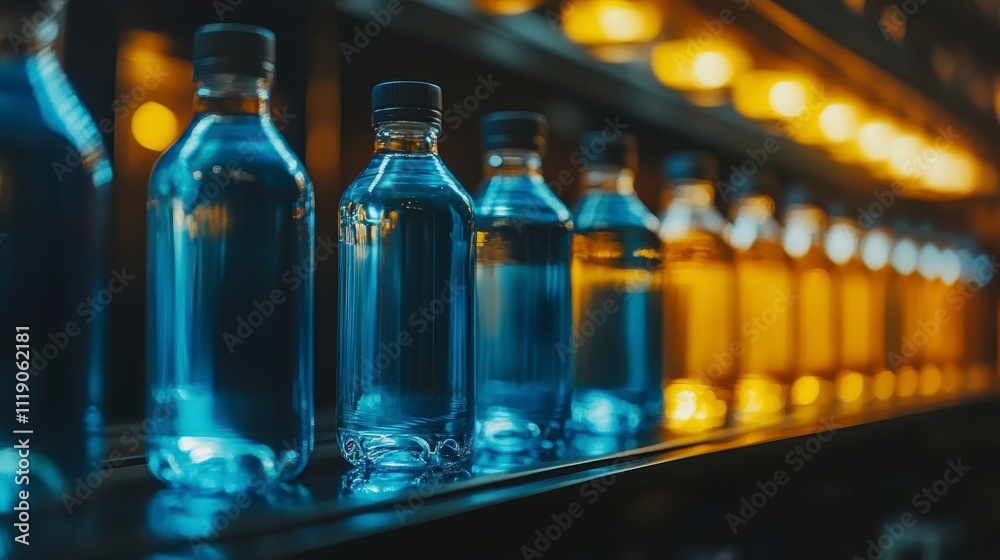 Bottled Water Production Line Pure Water Bottles on Conveyor Belt Bottled Water Production Line Pure Water Bottles on Conveyor Belt