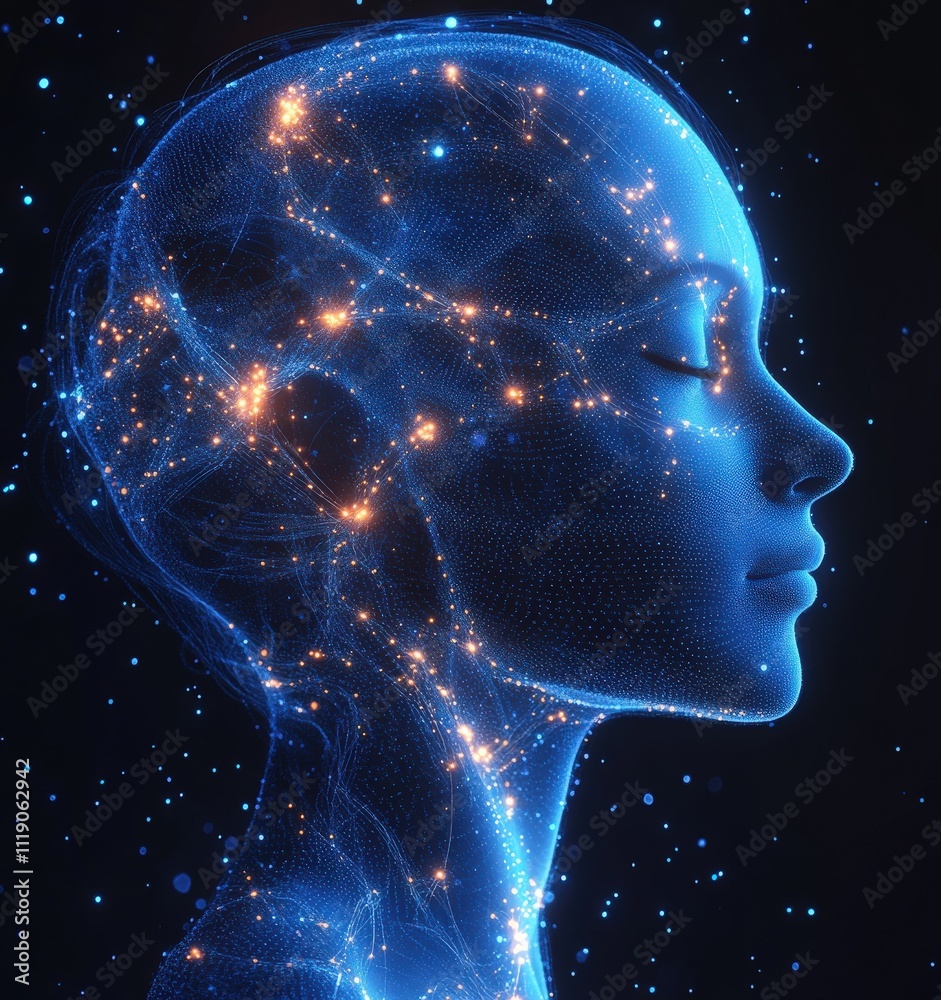 Abstract digital portrait of a woman's profile, glowing with interconnected nodes and particles, evoking concepts of AI, consciousness, and the digital world. Abstract digital portrait of a woman's profile, glowing with interconnected nodes and particles, evoking concepts of AI, consciousness, and the digital world.