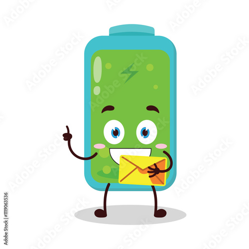 cute happy expression of full battery cartoon character bring envelope letter