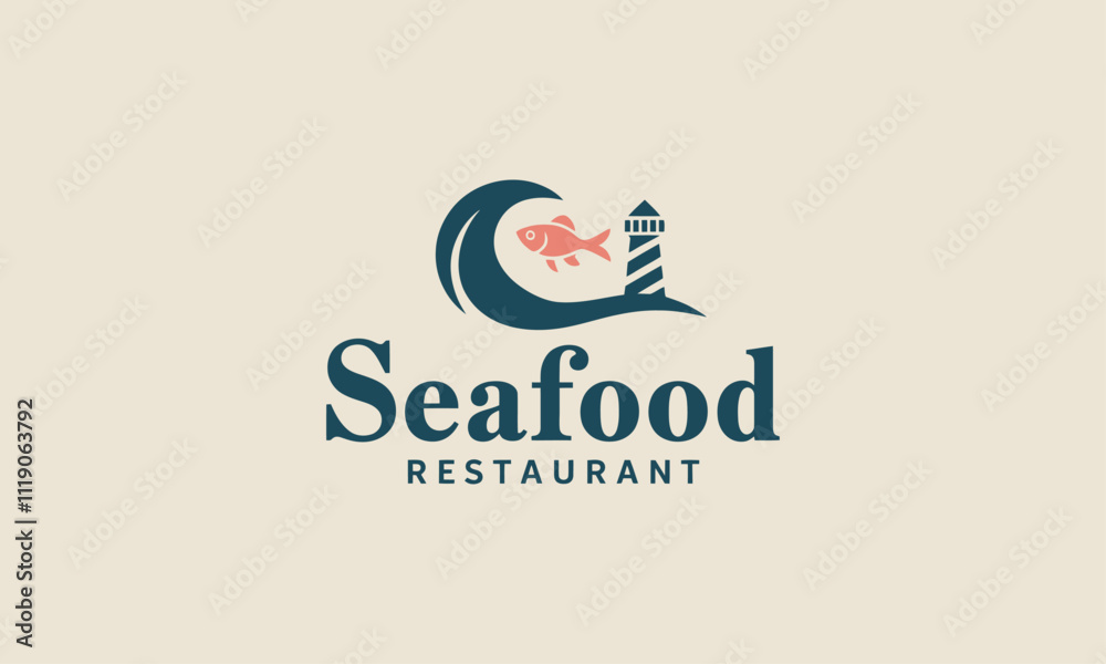 Minimal seafood restaurant logo with wave and fish