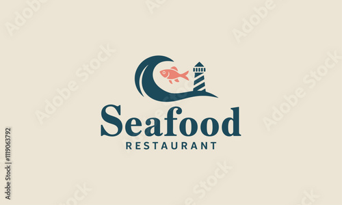 Minimal seafood restaurant logo with wave and fish