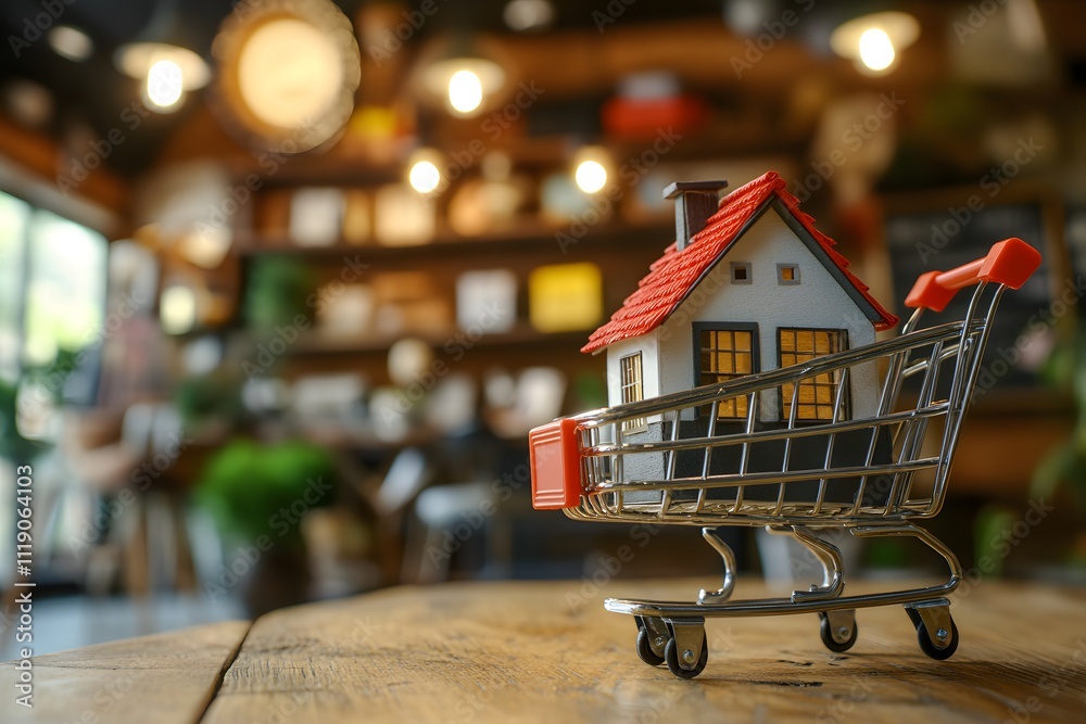 A miniature house sits in a shopping cart, symbolizing real estate and consumerism. A miniature house sits in a shopping cart, symbolizing real estate and consumerism.