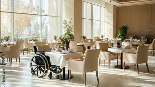 A modern restaurant interior featuring elegant seating arrangements, wheelchair accessible table, and abundant natural light. atmosphere is inviting and serene, perfect for dining
