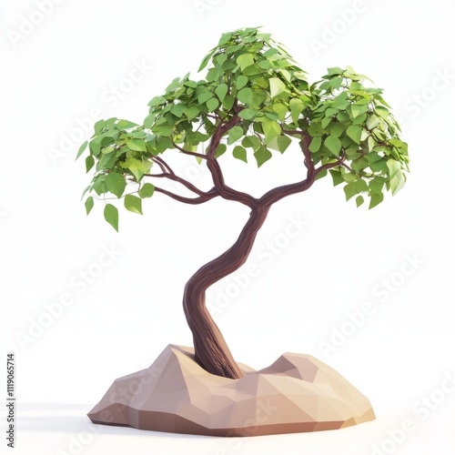 Fototapeta Naklejka Na Ścianę i Meble -  A low poly 3d scene, happy tree grows here, minimalist in isolated white background with blender 3D style