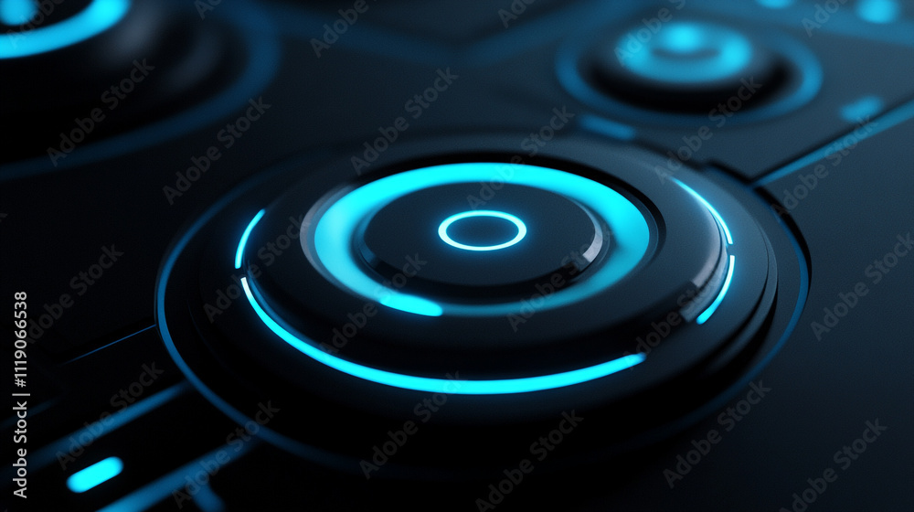 Close-up view of a futuristic control panel with glowing blue buttons and sleek design Close-up view of a futuristic control panel with glowing blue buttons and sleek design
