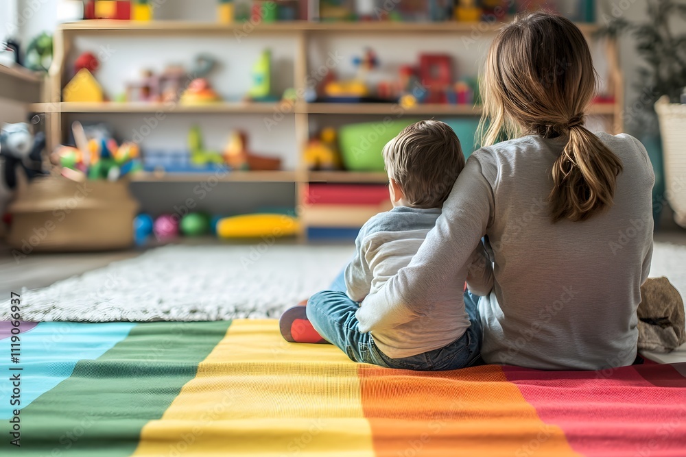 Warm Bond Between Mother and Child on Colorful Rug in Playful Room Filled with Toys and Creative Inspiration for Family Love and Childhood Joy Warm Bond Between Mother and Child on Colorful Rug in Playful Room Filled with Toys and Creative Inspiration for Family Love and Childhood Joy