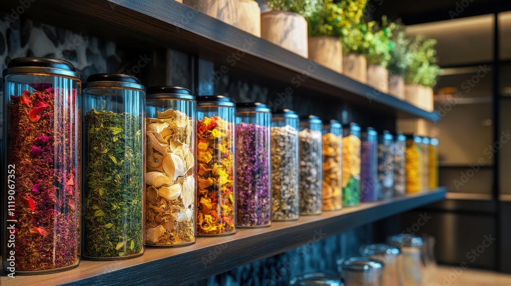 Vibrant display of dried botanicals in glass jars on shelves Vibrant display of dried botanicals in glass jars on shelves