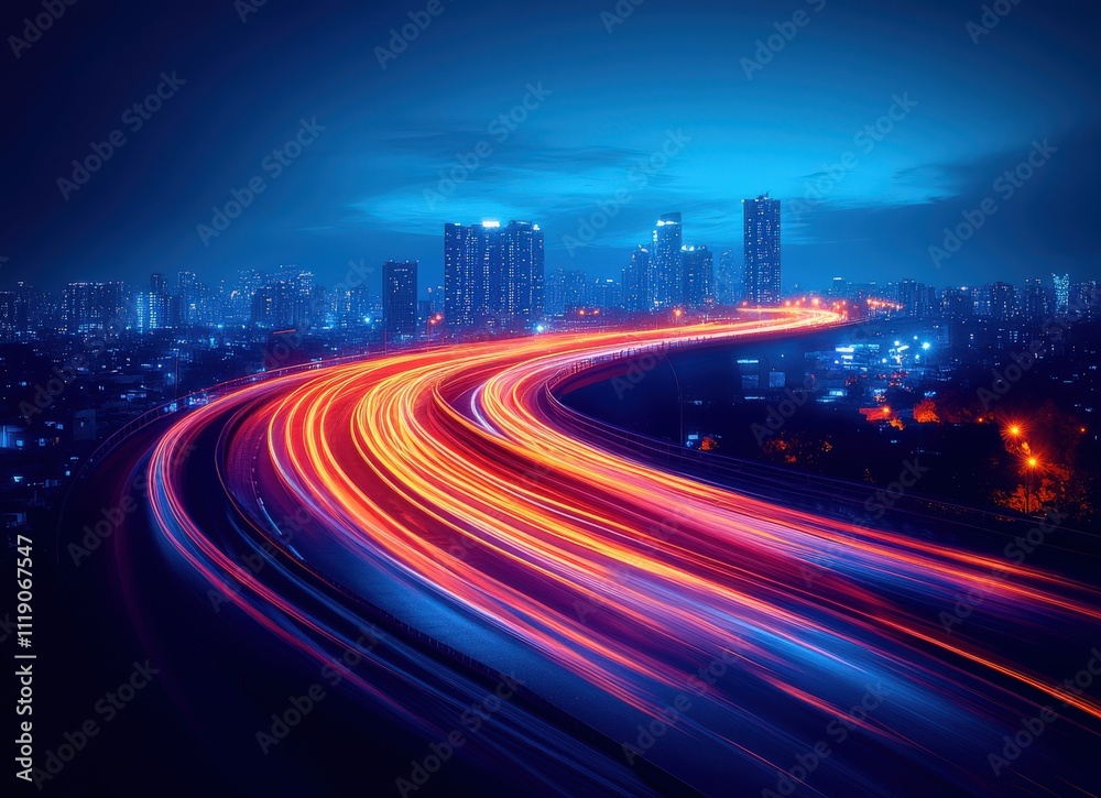 Fototapeta premium Night cityscape with vibrant light trails of speeding cars on a highway curving through the city, showcasing modern urban development and fast-paced life.