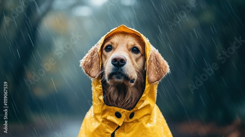 Golden retriever in yellow raincoat enjoys rainy day with calm expression
