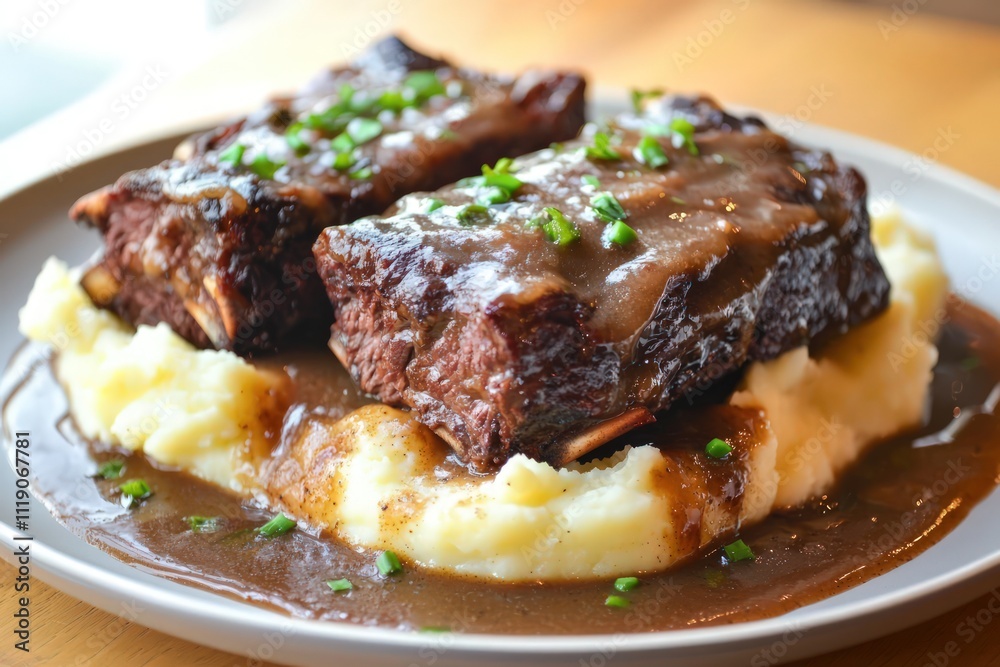 A plate braised beef short ribs paired with creamy mashed potatoes and savory gravy, perfect for a hearty meal A plate braised beef short ribs paired with creamy mashed potatoes and savory gravy, perfect for a hearty meal