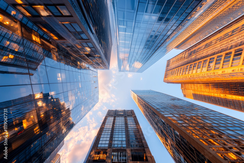 image captures stunning view of skyscrapers from low angle, showcasing architectural beauty and reflections of sky. warm glow of buildings adds vibrant touch to urban landscape photo