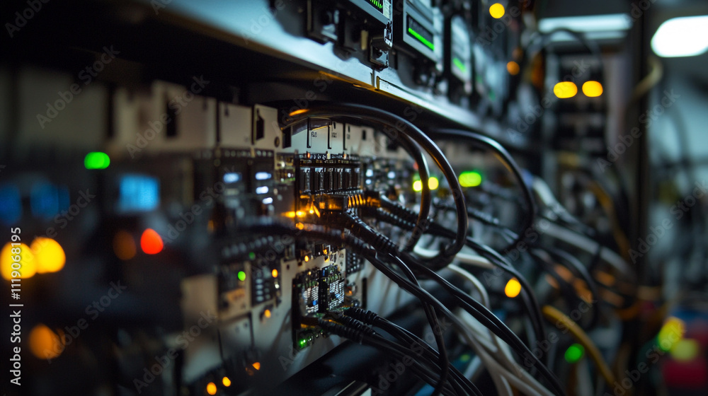 Naklejka premium Exploring the intricate wiring of modern server racks in a data center environment