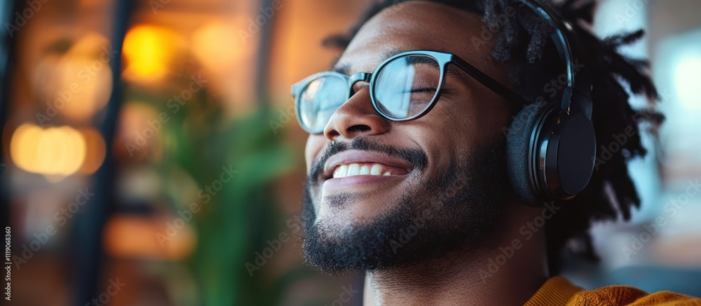 A young man with headphones on, eyes closed, smiling. A young man with headphones on, eyes closed, smiling.