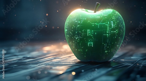 Glowing Green Apple Symbolizing the Fusion of Nature and Technology for a Sustainable Future