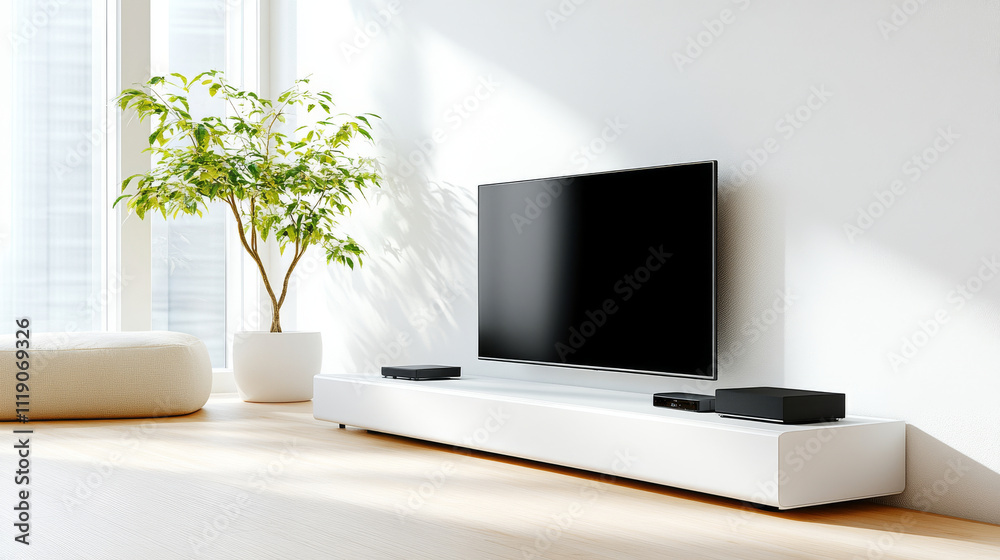 Obraz premium Modern living room with sleek television setup, featuring minimalist design and potted plant, creating serene and stylish atmosphere