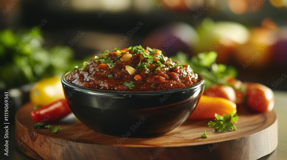 Fresh Tomato Salsa in Black Bowl with Colorful Vegetables Background Fresh Tomato Salsa in Black Bowl with Colorful Vegetables Background