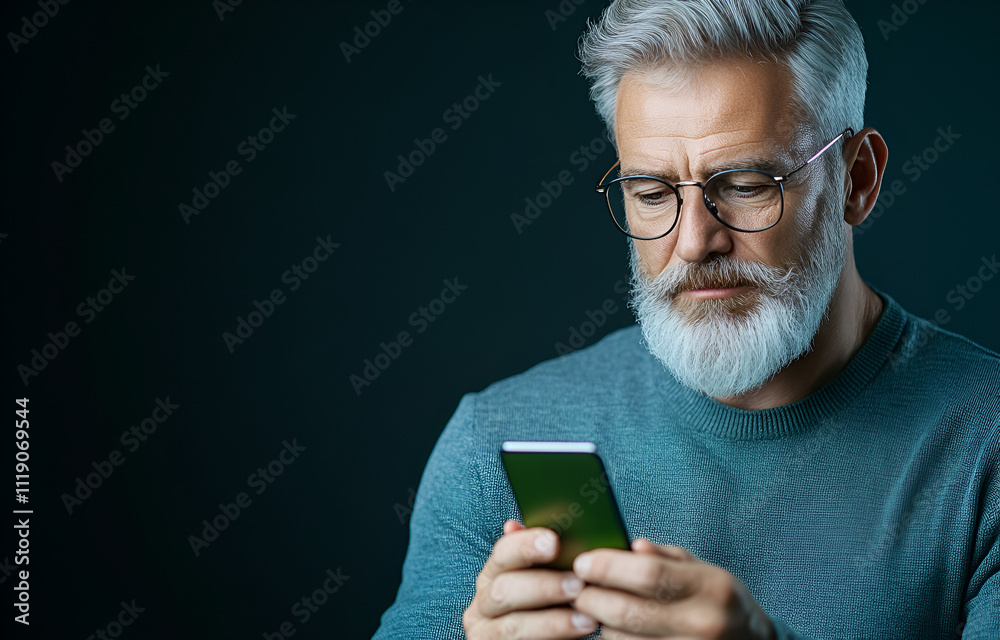 A smiling senior businessman in a suit, looking at his cellphone A smiling senior businessman in a suit, looking at his cellphone