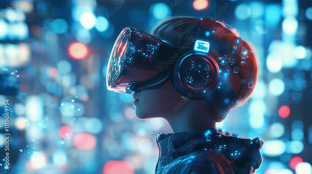 Child immersed in virtual reality in a futuristic cityscape at night