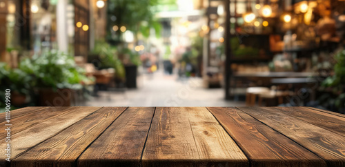 Wood table top on blurred kitchen background. can be used mock up for montage products display or design layout. Realistic photo.