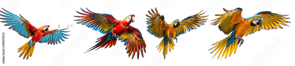 Fototapeta premium PNG Macaw parrot animal flying bird set on transparent background