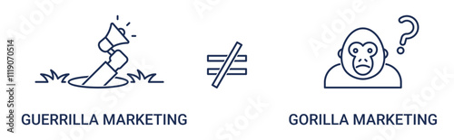Banner Guerrilla Marketing VS Gorilla Marketing with guerrilla and gorilla marketing icon concept illustration
