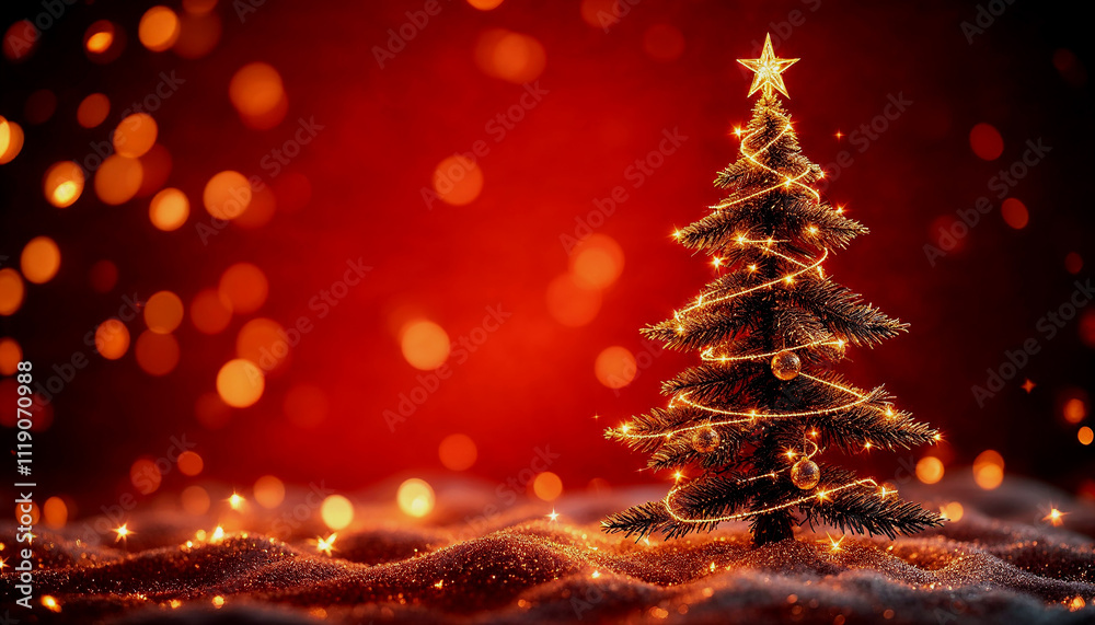 Illuminated Christmas tree made of golden lights against a red, bokeh-filled background, creating a magical and festive atmosphere. Illuminated Christmas tree made of golden lights against a red, bokeh-filled background, creating a magical and festive atmosphere.