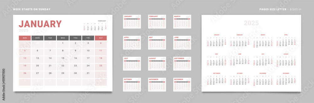 Set of 12 Pages Monthly Calendar Planner Templates and annual. Vector layout of a wall or desktop calendar with the week starting on Sunday ready for printing. Page size Letter -8.5x11 Set of 12 Pages Monthly Calendar Planner Templates and annual. Vector layout of a wall or desktop calendar with the week starting on Sunday ready for printing. Page size Letter -8.5x11