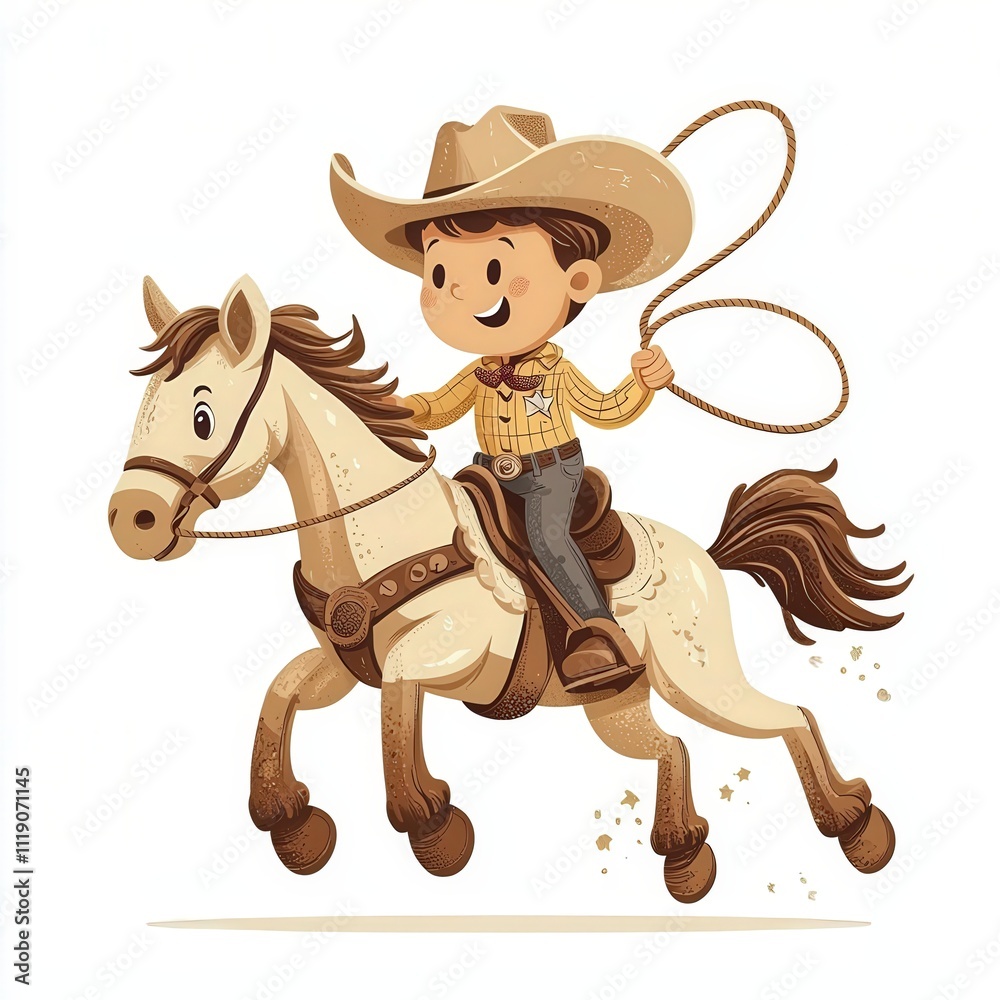 Cute cartoon illustration of an American cowboy riding a horse with a lasso, wearing a hat and boots, on a clean white background, pastel colors, isolated Cute cartoon illustration of an American cowboy riding a horse with a lasso, wearing a hat and boots, on a clean white background, pastel colors, isolated