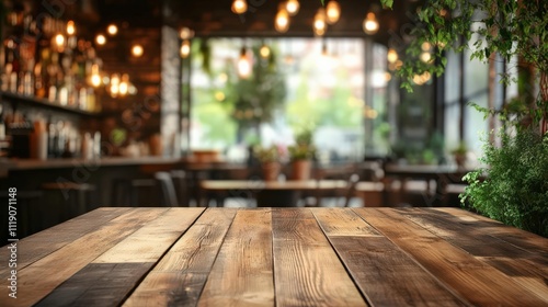 Wood table top on blurred kitchen background. can be used mock up for montage products display or design layout. Realistic photo.