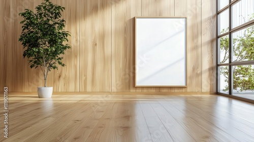 Blank poster hanging in a modern woodpaneled room  sleek design  clean lines  contemporary elegance