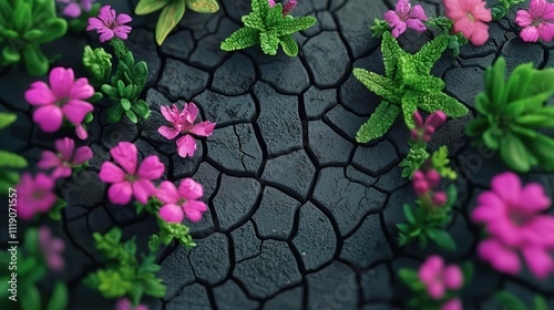 A hyper-detailed 3D render of a cracked, drought-ridden Earth, surrounded by vibrant ecosystems fighting to survive photo