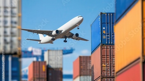 A cargo plane flying over tariff zones highlighted in vivid colors, showing the complexity of international trade