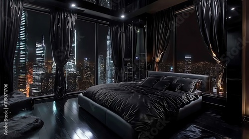 Modern Bedroom with Cityscape Night View