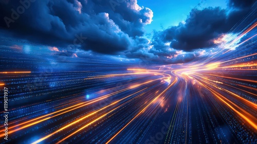 Layered digital clouds connected with vibrant data streams forming a futuristic skyline, cloud computing, dynamic network solutions.