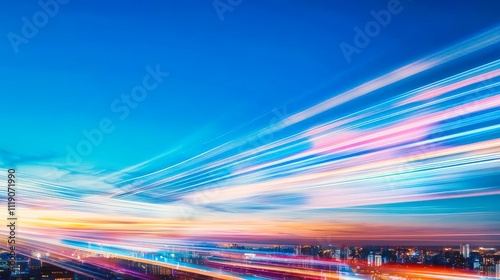 Layered digital clouds connected with vibrant data streams forming a futuristic skyline, cloud computing, dynamic network solutions.